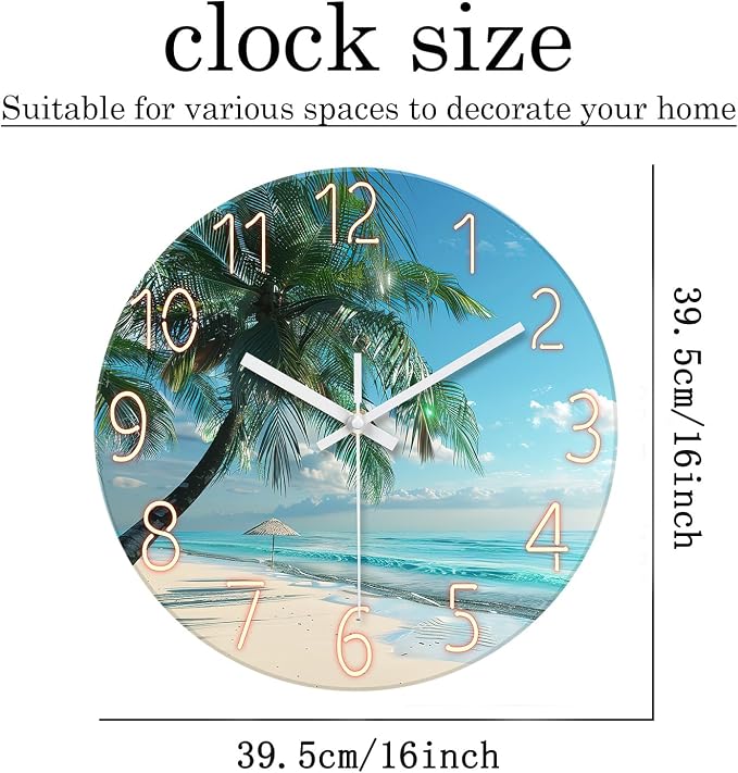 XFM Beach Wall Clock Silent Non-Ticking Battery Operated Clocks 16 Inch Blue Ocean Tropical Palm Tree Wall Clock Decorative for Living Room Kitchen Bedroom Office
