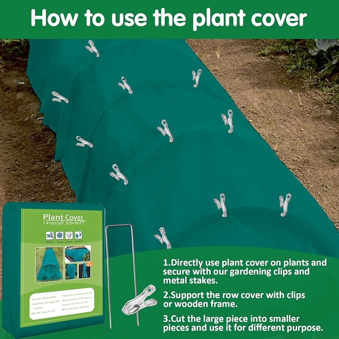 kockuu Plant Sun Protection Cloth, 6.5ft x 16ft 1.41 oz/yd² Garden Plant Shade Cloth with 15 Stainless Steel Clips from Direct Sunlight, Plant Covers Frost & Sun Protection for Winter and Summer