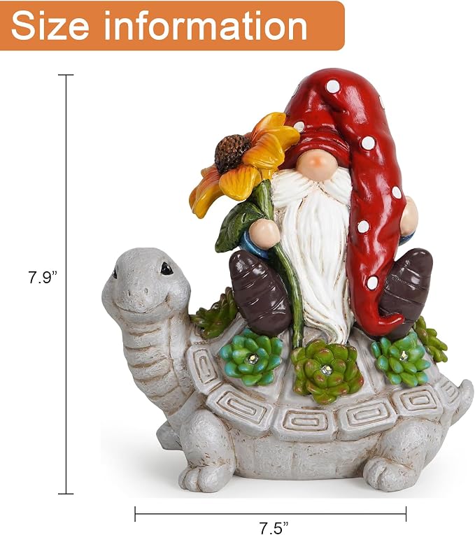 basen Solar Turtle Gnome Garden Statue Outdoor Decor, Resin Turtle with Gnome Figurine and LED Light, Solar Powered Yard Art for Lawn Patio Porch Pathway, Weather Resistant