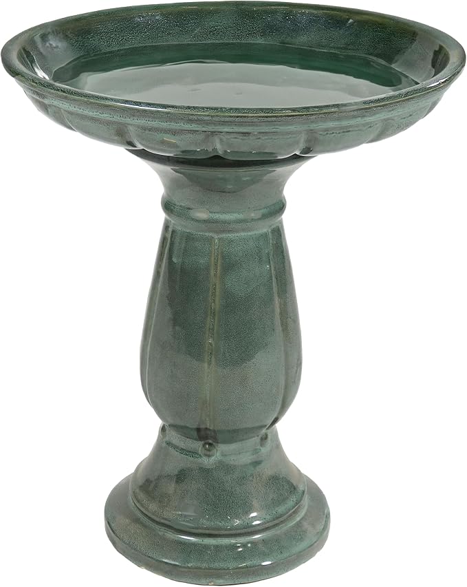 Sunnydaze Avignon Outdoor Ceramic Bird Bath - 18.75" H - UV- and Frost-Resistant - Pedestal Design - Green Mist
