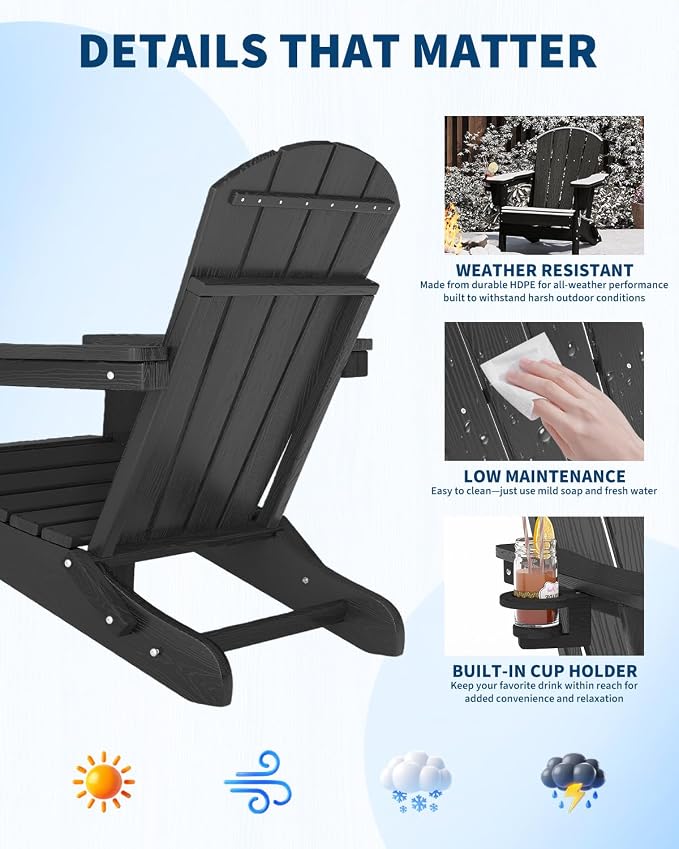 Folding Adirondack Chair, All-Weather HDPE Outdoor Chair, Wooden Textured with Cup Holder for patios, Decks, Gardens, fire pits, Black