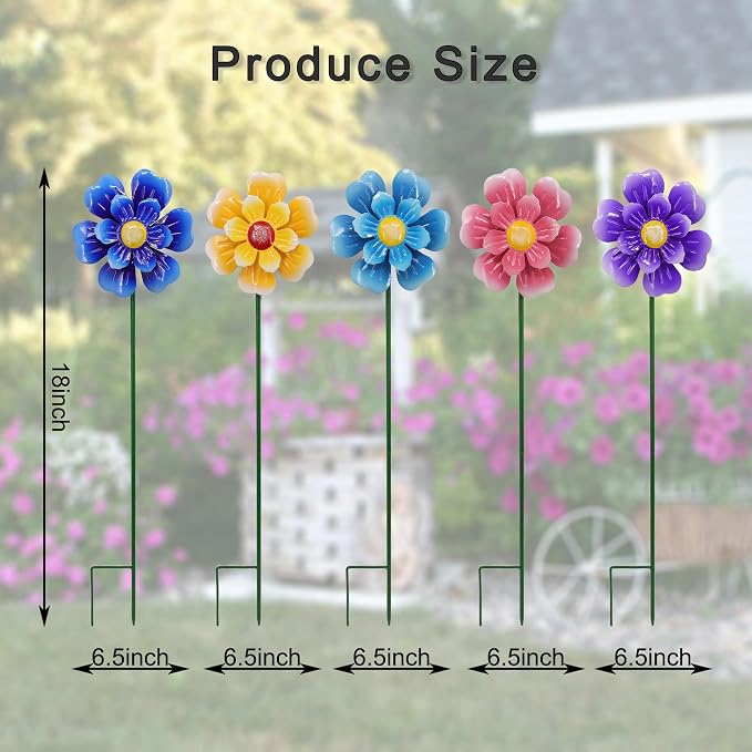 Metal Flower Wind Spinner Lawn Stakes Yard Art, Garden Iron Handicrafts | WEIBEFEE; 5 Pieces;Lawn Ornaments; 27 Inch Windmill Outdoor; Fade-resistant; Great gift choice; Decoration Gift