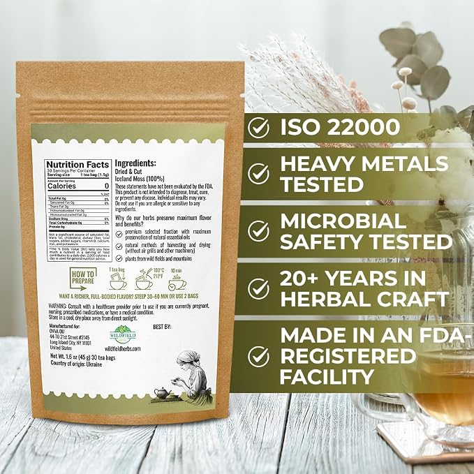 30 Bags Icelandic Moss Herbal Tea (Cetraria Islandica) - 30 Count 1.5g Bags Dried Iceland Moss Herb Tea