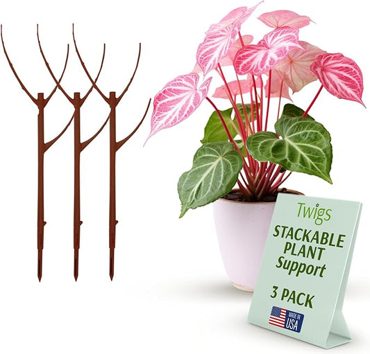 Twigs GA Stackable Plant Support Stakes, Begonia Red, 3-Pack, 17" L | Made in USA, UV-Protected Sticks, Natural-Looking Stem Support Stakes, Stackable Poles for Indoor & Outdoor Plants up to 5ft