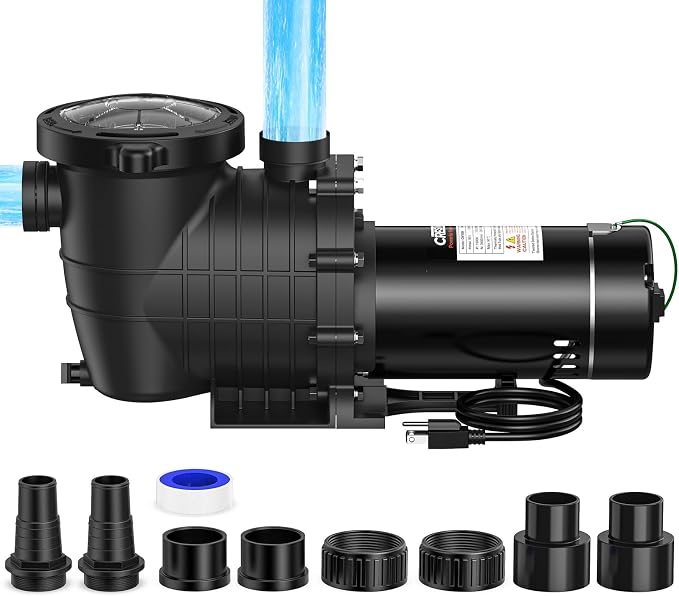 CrestWave 2 HP In/Above Ground Pool Pump Dual Voltage 115V/230V | 6816GPH High Flow Self-Priming Pump, Low Noise Heavy Duty w/Large Strainer Basket, 3-Size Connectors (1.5", 2", 1.25"-1.5")