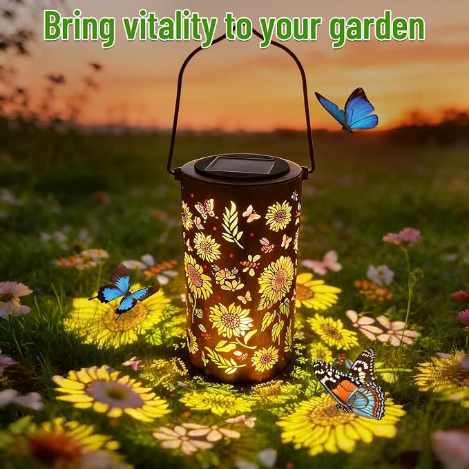 2 Pack Upgraded Colorful Sunflower Solar Lanterns Outdoor Waterproof, Decorative Metal Hanging Solar Lantern for Patio Porch Courtyard Tabletop Pathway Garden Decor, Ideal Gifts for Mom Wife Grandma