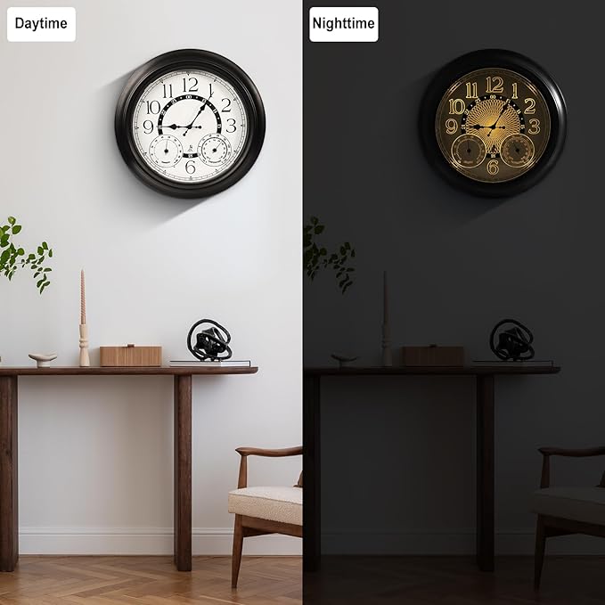 18-Inch Outdoor Wall Clock with Thermometer Hygrometer, LED Auto Light Sensor, Outdoor Clock Waterproof Large Display for Garden Patio Home Decor