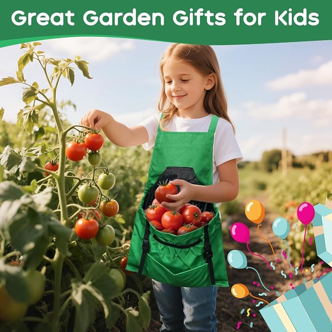 Kids Gardening Apron,Canvas Garden Apron with Pockets and Harvesting Pouch for 6-12 Grils and Boys