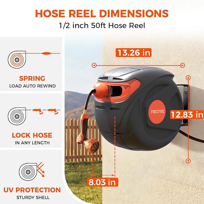 Outdoor Retractable Garden Hose Reel 1/2" x 50ft, Any Length Lock, 9 Pattern Nozzle, Wall Mounted, Automatic Slow Return, 180° Swivel, UV Resistant Heavy Duty