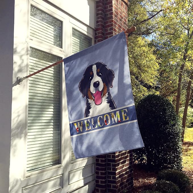 Caroline's Treasures BB1423CHF Bernese Mountain Dog Welcome House Flag, Blue Large Porch Sleeve Pole Decorative Outside Yard Banner Artwork Wall Hanging, Polyester, House Size, Multicolor