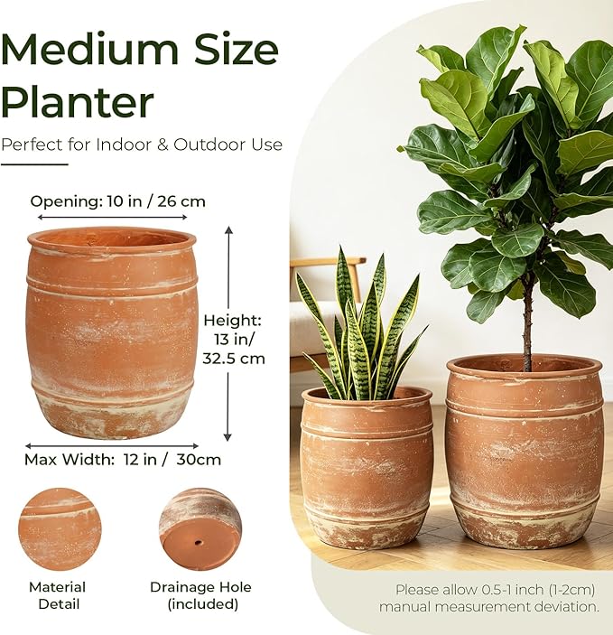 13"H x 12" Dia Aged Terracotta Planter Pot with Drainage Hole, Rustic Vintage Flower Pot for Indoor Outdoor Plants, Distressed Decorative Clay-Style Planter for Patio, Porch, Garden, Farmhouse Décor