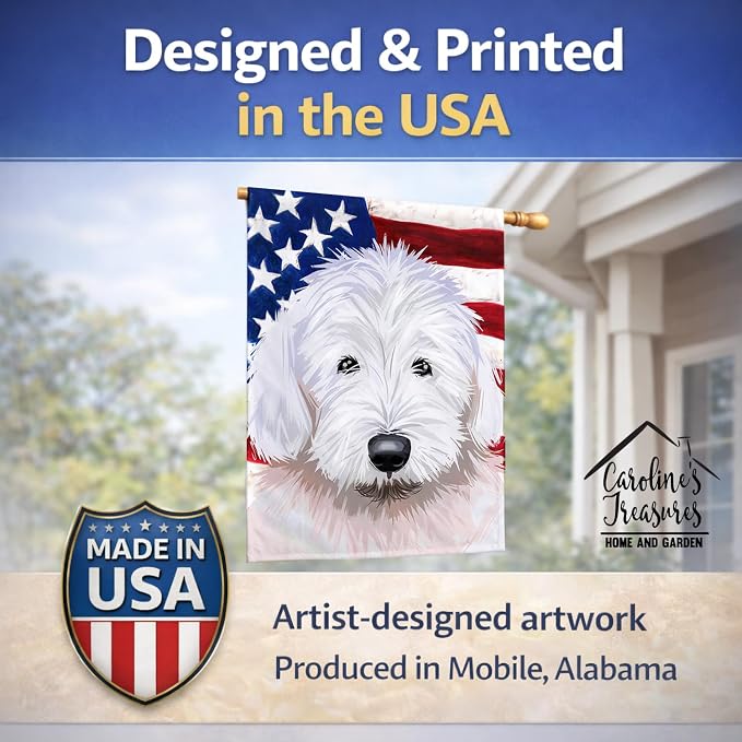 Caroline's Treasures CK6635CHF Old English Sheepdog American Flag House Flag Large Porch Sleeve Pole Decorative Outside Yard Banner Artwork Wall Hanging, Polyester, House Size, Multicolor