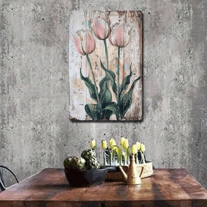 Metal Sign Tin Sign Vintage Wall Art Elegant Tulips Vintage Tin Sign for Rustic Home Decor Shabby Chic Style and Waterproof Aluminum S Bathroom Decor for Pub 8×12 Inches