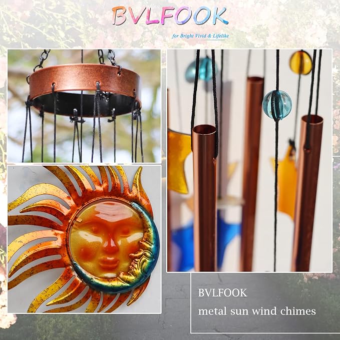 Sun with Flame Wind Chime for Outside Decor, with Star Shape Suncatcher | BVLFOOK; Aluminium Tubes; Wind Chimes; Hanging for Porch Patio Balcony Décor; 37 Inch; indoor & outdoor
