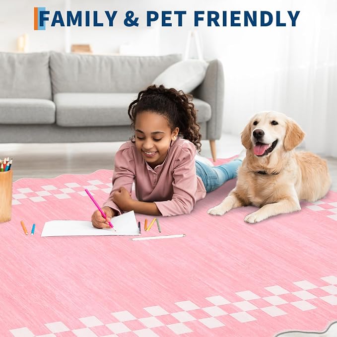 GarveeHome Small Bedroom Area Rug 3x5 Checkered Area Rug for Living Room | Nursery Non Slip Kitchen Throw Carpet Low Pile Modern Bordered Rugs Washable Pink Rugs for Laundry Entryway, Pink