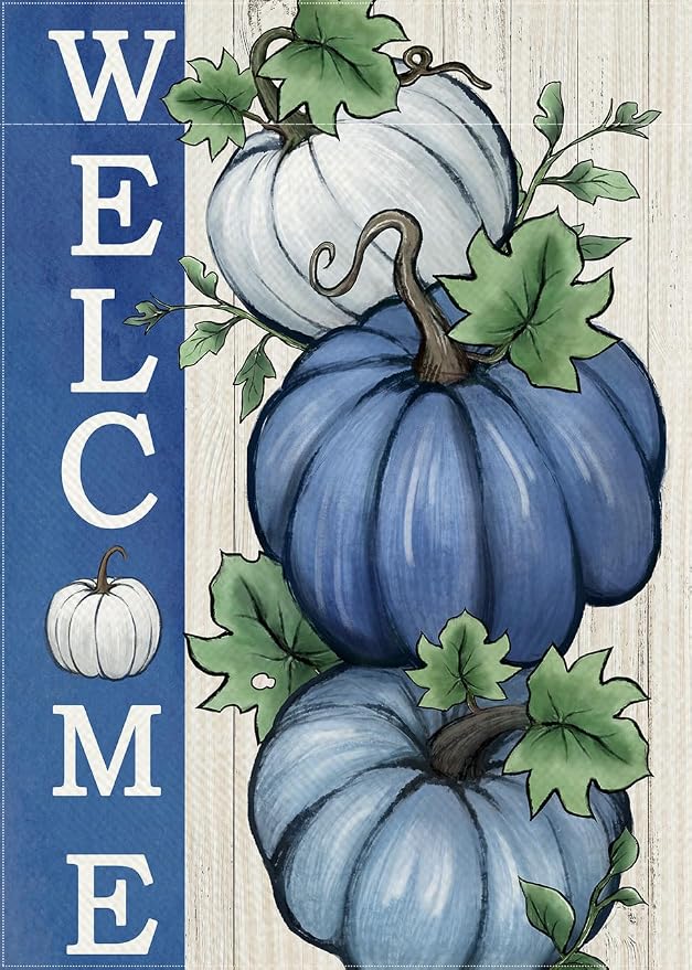 Welcome Fall Pumpkin Decorative Garden Flag, Autumn Blue White Pumpkin Farmhouse Yard Outside Decorations, Thanksgiving Rustic Burlap Outdoor Small Home Decor Double Sided 12 x 18
