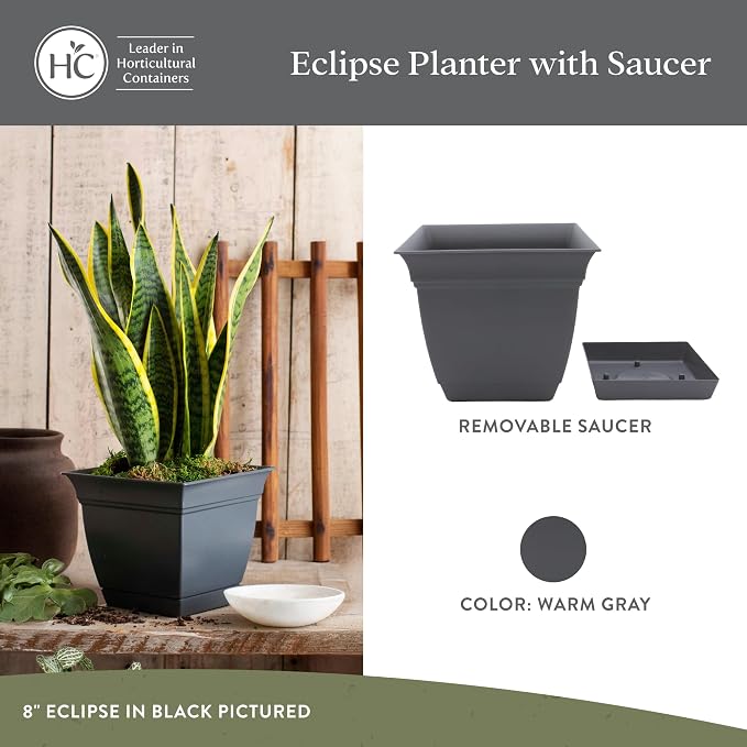 The HC Companies Eclipse Square Plastic Planter w/ Attached Saucer - Outdoor & Indoor Plant Pot with Drainage Holes - Lightweight, UV-Resistant Plastic Pots For Plants (10" Warm Gray, Pack of 1)