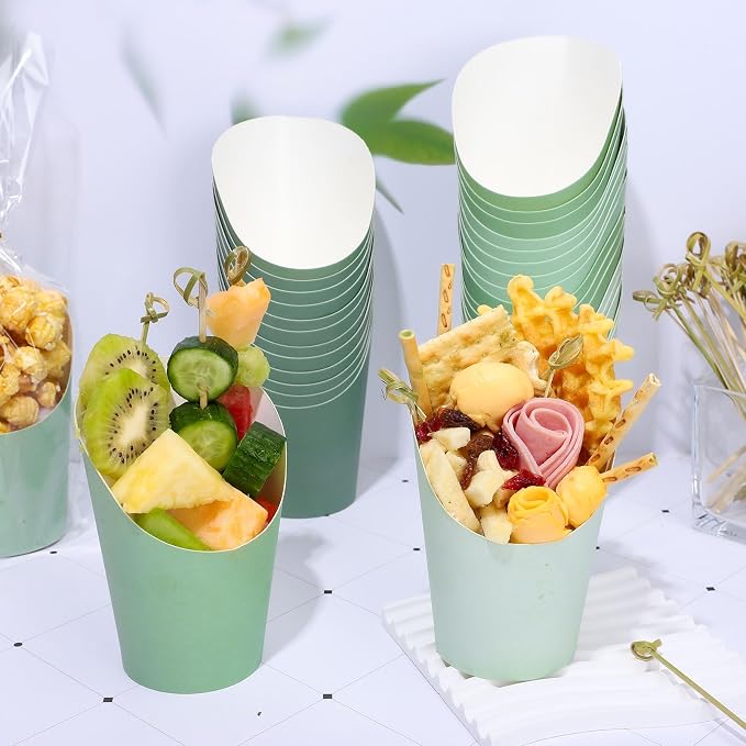Whaline 60Pcs Sage Green Charcuterie Cups with Bamboo Sticks Plastic Treat Goodie Bags Gold Twist Ties 14oz French Fries Cup Holder for Home Kitchen Wedding Baby Shower Birthday Party