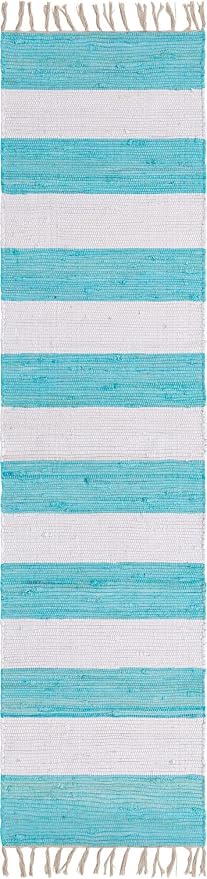 Unique Loom Chindi Rag Collection Area Rug - Striped (2' 2" x 8' Runner, Turquoise and Ivory)
