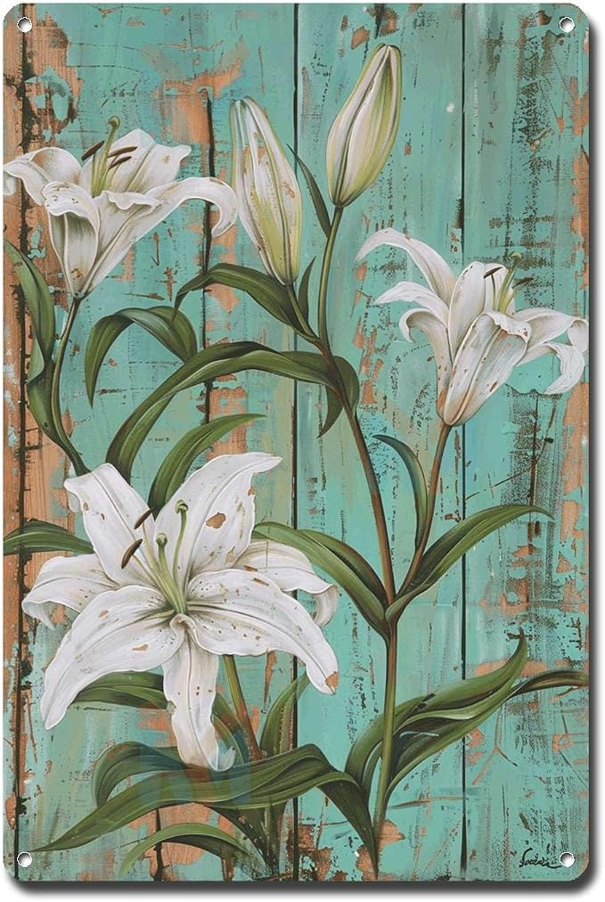 Metal Sign Tin Sign Vintage Wall Art Shabby Chic Lilies Tin Sign for Vintage Botanical Art Rustic Wall Panels and Distressed Wood Acce Boho Bedroom Decorations for Bar 8×12 Inches