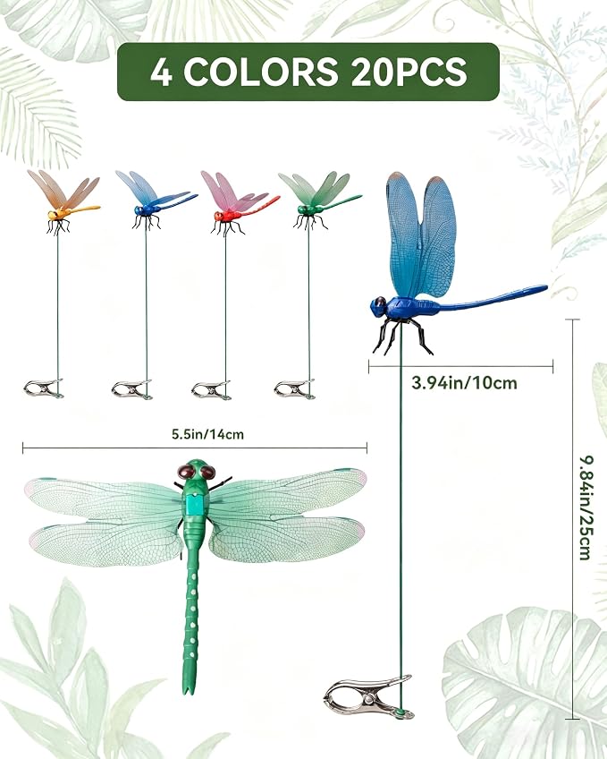 20 Pack Dragonfly Clips for Bugs Repellent, Fake Dragonflies with Stakes, Dragonfly Clip Bug Repellent, Dragon Fly Deterrent Clips for for Yard, Hat, Horse and Deer, Indoor & Outdoor Garden Decor