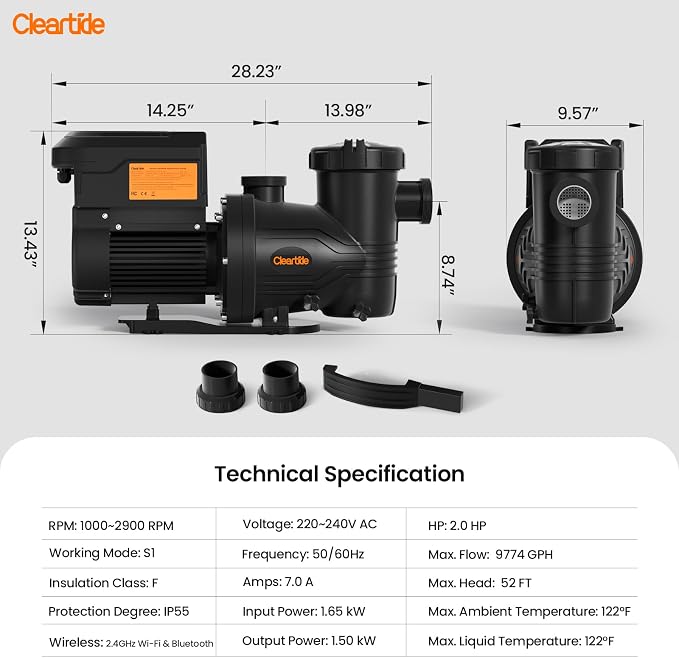 Cleartide 2 HP Smart Variable Speed Pool Pump, 9774GPH, 220-240V AC | In-Ground/Above Ground Swimming Pool Pump With Smart APP Control, Energy Saving and Ultra Quiet