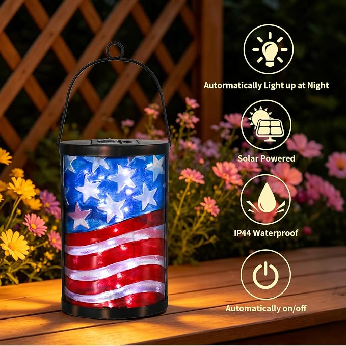 Hanging Solar Lantern Outdoor Decorative Waterproof LED Solar American Flag Lights Tabletop Lamp for Outdoor Patio Garden