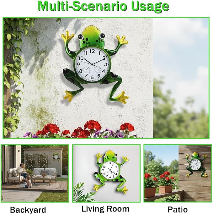 Large Outdoor Clock, Frog Outdoor Wall Clock with Thermometer & Humidity, Silent Non-Ticking Outside Clock for Patio, Living Room, Kitchen