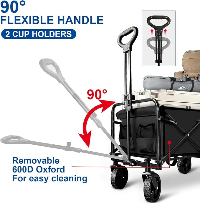 Collapsible Wagon with Quiet Wheels - Silent Grocery Shopping Cart for Seniors, Foldable Utility Cart for Laundry & Apartment, Washable Heavy Duty Rolling Wagon with Two Mesh Pockets, Black