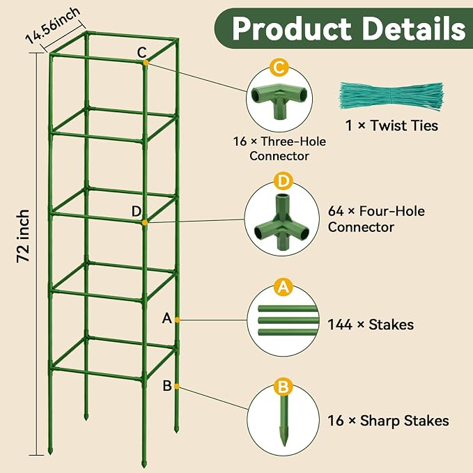 Halatool 4 Pack 72" Extra Tall Square Tomato Cages, Heavy Duty Metal Plant Support for Indeterminate Tomatoes, Climbing Plants, Vegetables, Up to 6ft Garden Cages for Indoor Outdoor Raised Beds, Pots