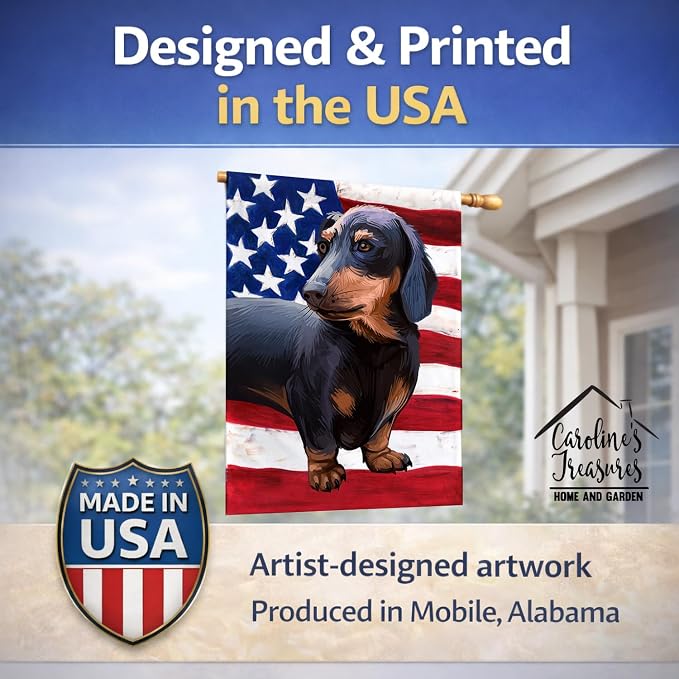 Caroline's Treasures CK6500CHF Dachshund Dog American Flag House Flag Large Porch Sleeve Pole Decorative Outside Yard Banner Artwork Wall Hanging, Polyester, House Size, Multicolor