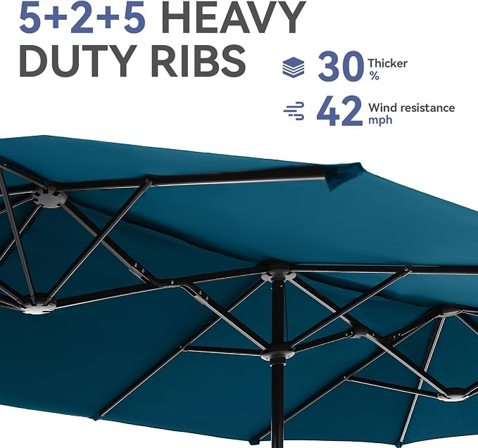 GREEN PARTY 13ft Rectangle Patio Umbrella, Double Sided Outdoor Table Umbrella with Crank & 1.5" Pole, Large Market Umbrella for Poolside Garden Deck Backyard, Cerulean