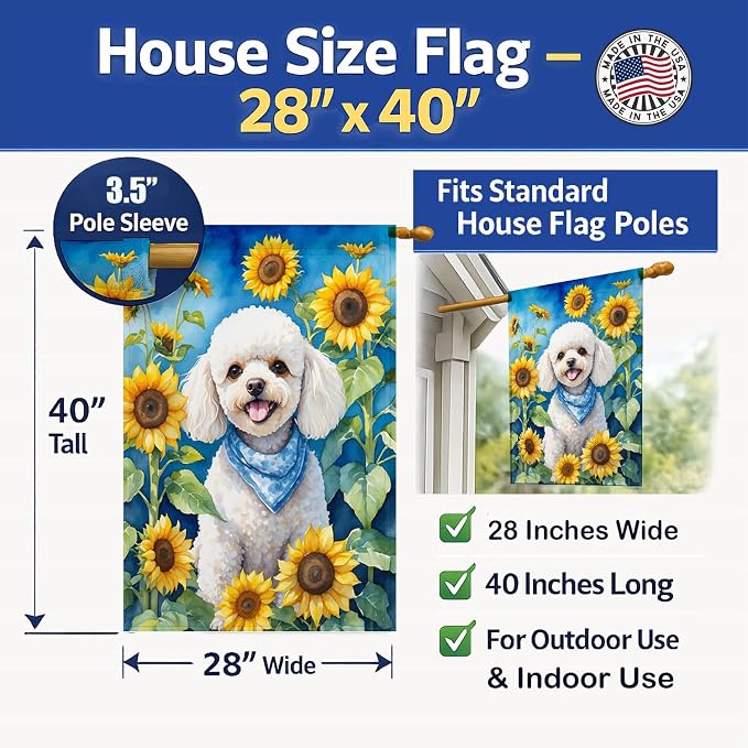 Caroline's Treasures DAC6141CHF White Poodle in Sunflowers House Flag Large Porch Sleeve Pole Decorative Outside Yard Banner Artwork Wall Hanging, Polyester, House Size, Multicolor