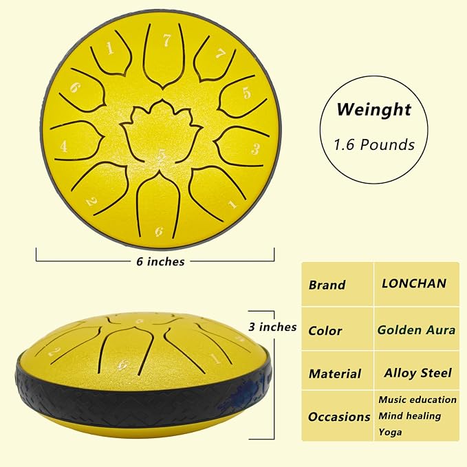 Steel Tongue Drum 11 Notes 6 Inches, Rain Drum for Outside with Bag, Music Book, Mallets, Finger Picks, Stickers – Meditation & Yoga Steel Drum