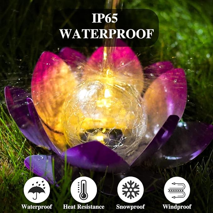 AIINY Solar Light Outdoor Decor Art Crackle Globe Glass Lotus Decoration, Solar LED Waterproof Purple Metal Flower Lights for Patio,Lawn,Walkway,Tabletop(2Pack)