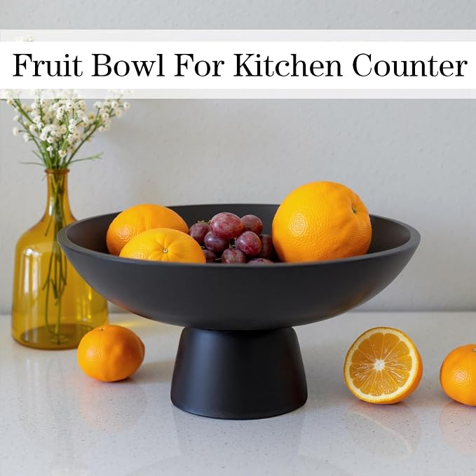 Large Black Decorative Bowl with Pedestal – 11.8" Modern Matte Resin Fruit Bowl for Kitchen Counter, Dining Table Centerpiece, Coffee Table or Entryway Home Décor