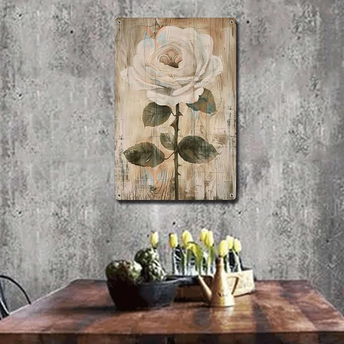 Metal Sign Tin Sign Vintage Wall Art Antique Rose Wall Art Tin Sign for Vintage Aesthetics Distressed Wood Surfaces and Rustic Eleganc Tin Signs for Women for Bar 12×16 Inches