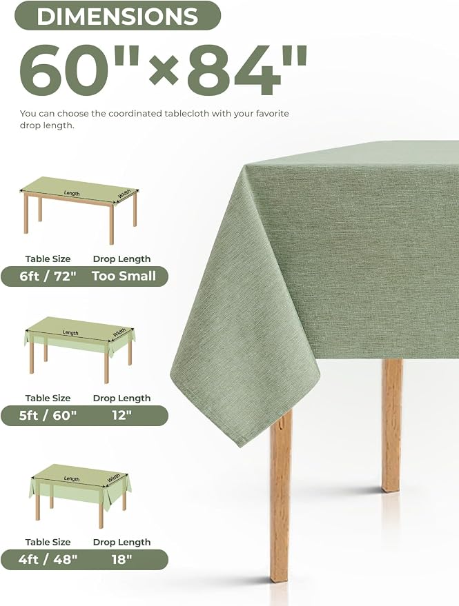Decorelia Faux Linen Farmhouse Table Cloth 60"x84" for Rectangle Table, Sage Green Waterproof Outdoor Washable Cloth Tablecloth for Rectangular Dining Room Kitchen Outdoor Party Restaurant Decor