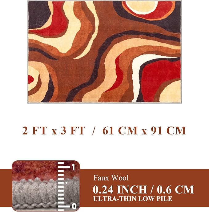 Burnt Orange Rug 2x3 Washable,Farmhouse Brown Retro Carpets,Geometric Abstract Wavy Rug for Bedroom,Unique Colorful Rugs for Living Room,Dining Room,Bedside Rugs