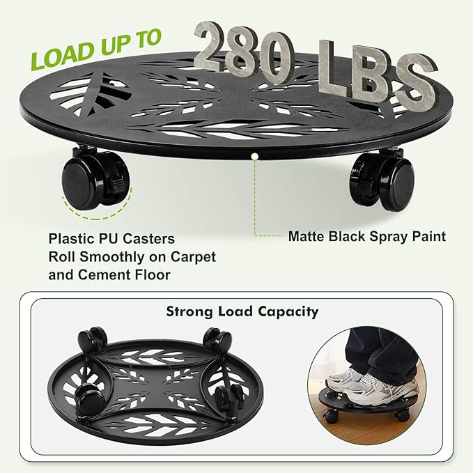 Planterhoma 2 Packs 12 Inch Rolling Plant Stand with Wheels Metal Plant Caddy with Wheels Heavy Duty Plant Rollers with Wheels Round Wrought Iron Plant Stand with Clear Saucers, Matte Black