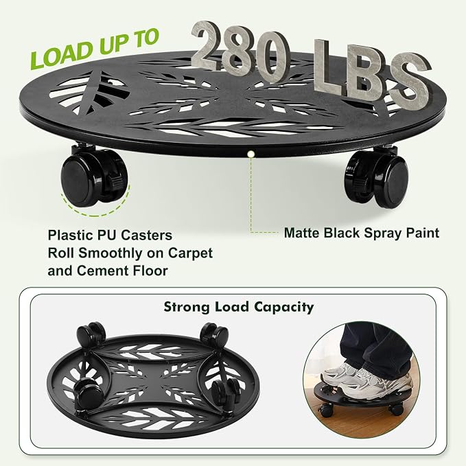 Planterhoma 3 Packs 14 Inch Rolling Plant Stand with Wheels Metal Plant Caddy with Wheels Heavy Duty Plant Rollers with Wheels Round Wrought Iron Plant Stand with Clear Saucers, Matte Black