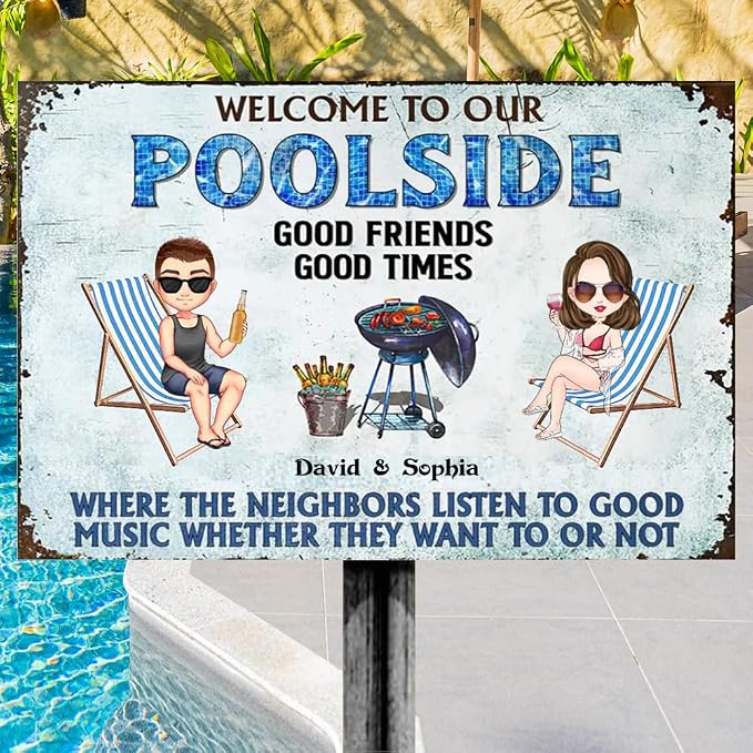 Personalized Classic Metal Sign - Welcome to Patio Bar Grilling Listen to The Good Music Couple Husband Wife Custom Wall Decor for Home Gate Garden Bars Sign Gift vintage metal signs Wall Decoration (Pool-Cartoon)