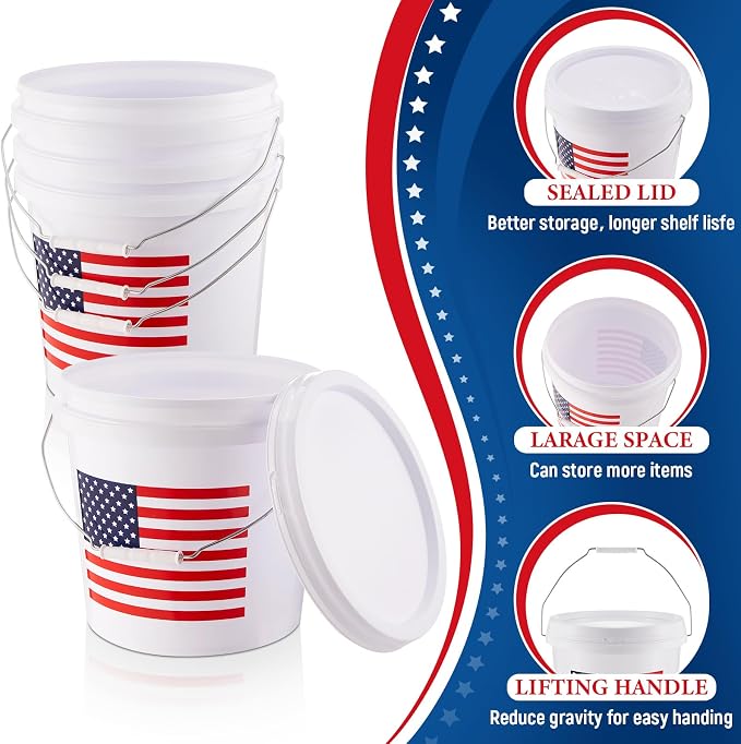 Threehoney 4 Pcs 2 Gallon Plastic Bucket with Lid and Handle, Large White Heavy Duty Bucket with American Flag for Home Gardening Tools Household Cleaning Baseballs Storage Container