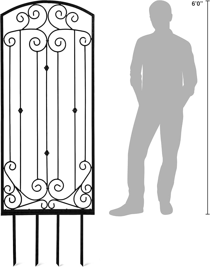 H Potter Scroll Garden Trellis 72" H, Freestanding Heavy Duty Iron, Black | Ground spikes included. Durable powder-coated finish. Supports climbing roses, clematis, ivy and vines.