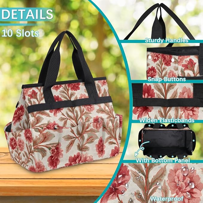 Garden Tote Bag with 10 Pockets Vintage Flowers Heavy Duty Gardening Bags for Tools Organizer Storage Bag with Handle for Garden Lawn Yard Casual