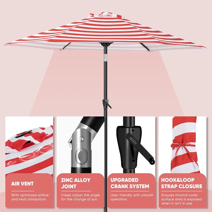 Tempera Patio Market Outdoor Table Umbrella with Push Button Tilt and Crank, Large Sun Umbrella with Sturdy Pole & Fade Resistant Canopy, Easy to Set