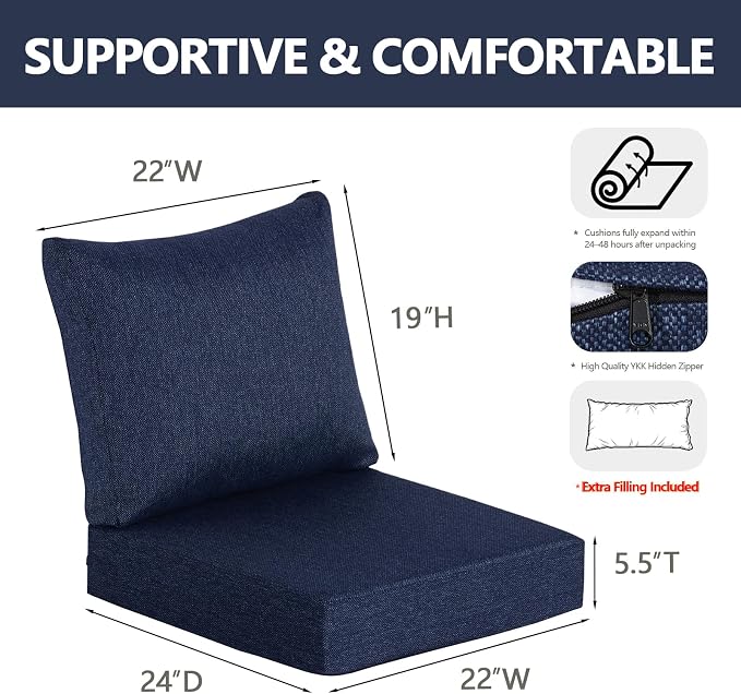 Goodgoods 22 x 24 Outdoor Patio Deep Seat Cushions 2-Pack, 1000+ Hours Fade-Resistant & Water-Resistant Outdoor Furniture Chair Cushions with 35D High-Resilience Foam for Sofa Chair, Indigo