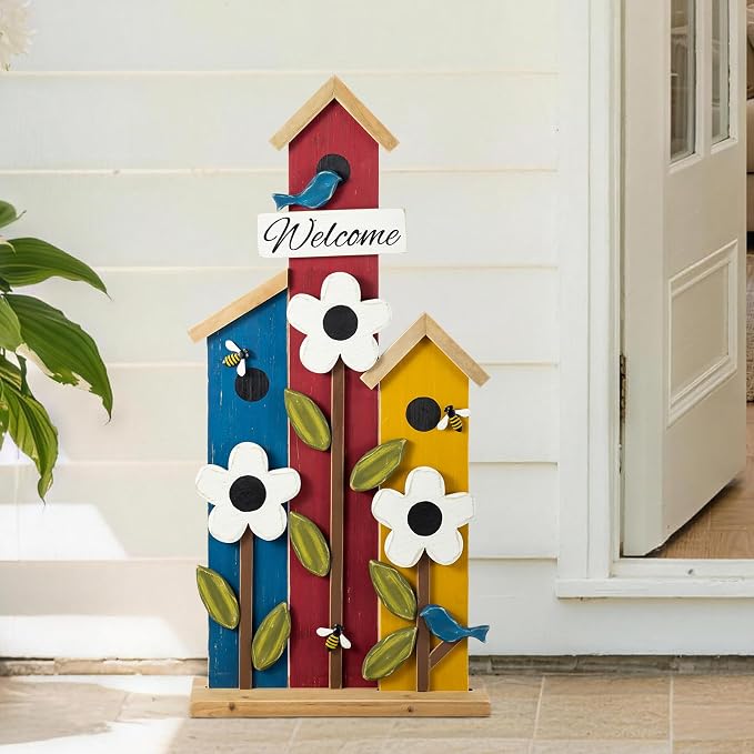 Glitzhome 30"H Welcome Yard Sign for Front Porch Standing, Wood Birdhouse Shaped Porch Board, All Seasonal Farmhouse Rustic Modern Porch Sign for Patio Front Door Outside