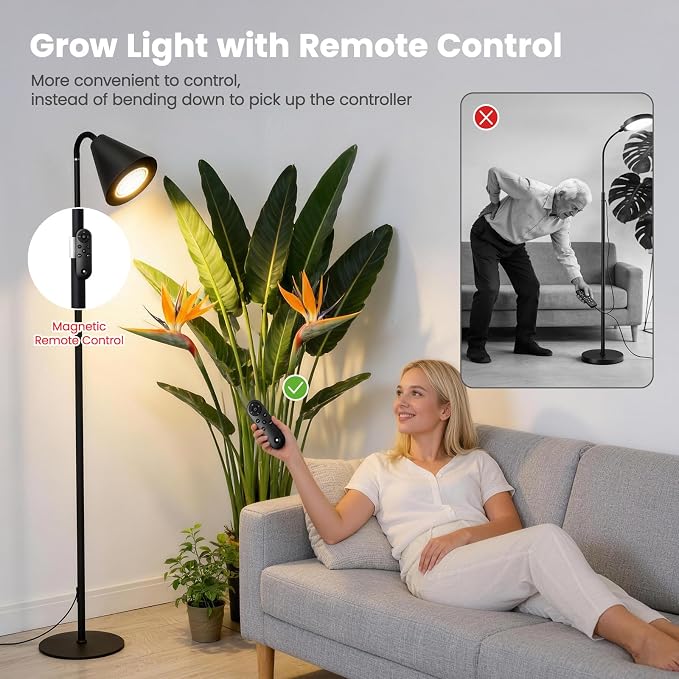 Grow Lights Indoor Plants, 20W Full Spectrum, 63in Adjustable Height Stand | 4/8/12/16H Auto Cycle Timer, 10 Levels Dimmable Remote Control Standing Grow Floor Lamp for Small, Medium to Tall Plants