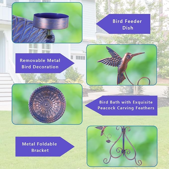 DREAMSOUL 20" Dia Large Bird Bath Stand, Purple Bird Bath for Outside with Peacock Feather Pattern 4" Deep Birdbath for Lawn Patio Decor